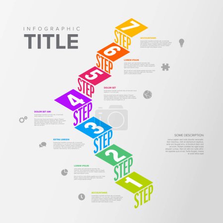 Illustration for Vector Infographic steps diagram template for workflow, business schema or procedure diagram - light version with icons and isometry texts. Progress steps with titles descriptions and icons - Royalty Free Image