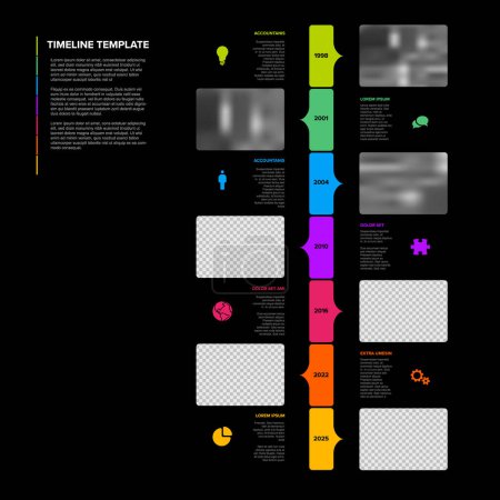 Téléchargez les illustrations : Modèle vectoriel multi-usages vertical simple et sombre de progression des étapes de chronologie avec des descriptions, des icônes et des espaces réservés pour les photos - infographie minimaliste universelle mise en page de la ligne de temps - en licence libre de droit