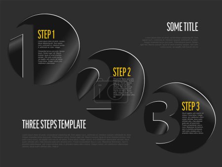 Illustration for One two three black metallic sticker steps with numbers and short process description on dark gray background. Multipurpose infographic for process description - Royalty Free Image