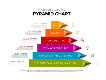 Ilustración de Plantilla de capas de stipe de infografía vectorial con seis niveles: plantilla de pirámide de color sobre fondo claro con iconos, pirámides de triángulos y descripciones - Imagen libre de derechos