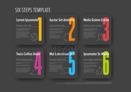 Illustration for Dark progress steps template with descriptions icons and big color numbers on squares rounded buttons on dark gray background. Multipurpose progress infochart template - Royalty Free Image