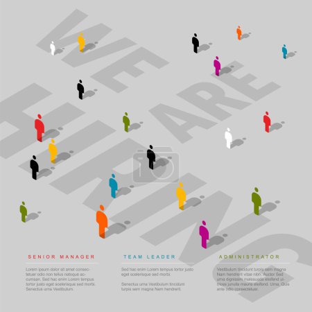 Illustration for We are hiring minimalistic teal flyer banner header social media post template - light version with big  texts and color people icons with shadows on gray background - Royalty Free Image