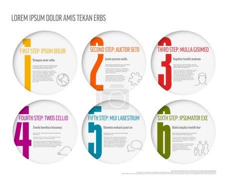 Illustration for Light progress steps template with descriptions icons and big color numbers on circles cutted on white background. Multipurpose progress infochart template - Royalty Free Image