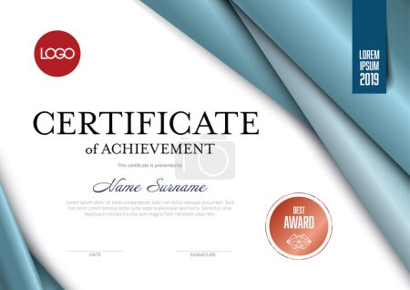 Illustration for Modern light blue silver certificate of achievement template with place for your content - silver metallic material stripse in the corners, premium luxury version - Royalty Free Image