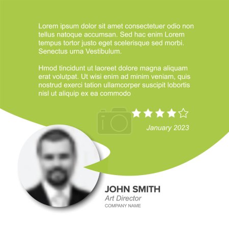 Illustration for Simple white minimalistic client user customer testimonial review card layout template with photo placeholder and sample, message in green speech bubble - Royalty Free Image