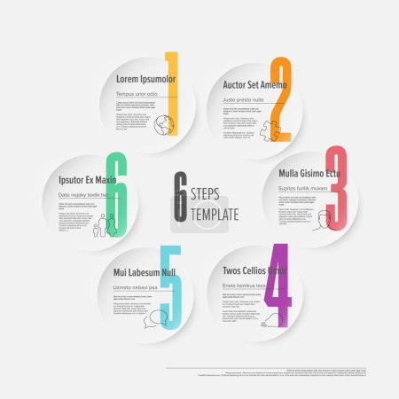 Illustration for Light cycle progress steps template with descriptions icons and big color numbers on circles with white background. Multipurpose progress infochart template - Royalty Free Image