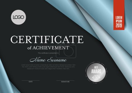Ilustración de Un elegante certificado de logro con un diseño negro y azul, con texto marcador de posición para personalización.Plantilla de premio de certificado multipropósito. - Imagen libre de derechos