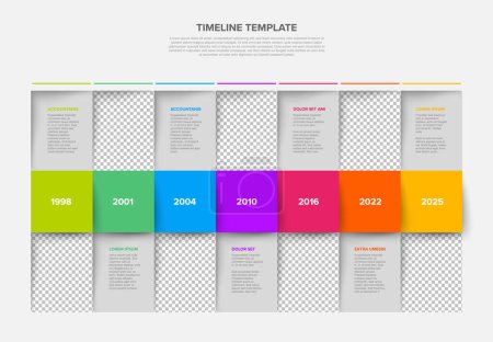 Illustration for A vibrant infographic timeline template showcasing years and descriptions, utilizing a range of colors for effective presentation. Simple mosaic time line template with photo placeholders - Royalty Free Image