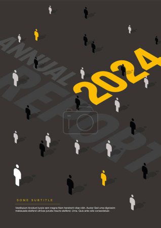 Illustration for A corporate dark annual report cover featuring isometric figures scattered across a dark background with large typography. The abstract design suggests business, diversity, and data representation. - Royalty Free Image