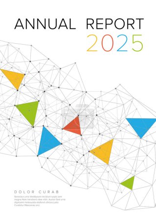 Ilustración de Portada del informe anual abstracto del último año, con formas geométricas coloridas y un fondo abstracto de red sobre fondo blanco. Diseño de diseño de portada de folleto - Imagen libre de derechos