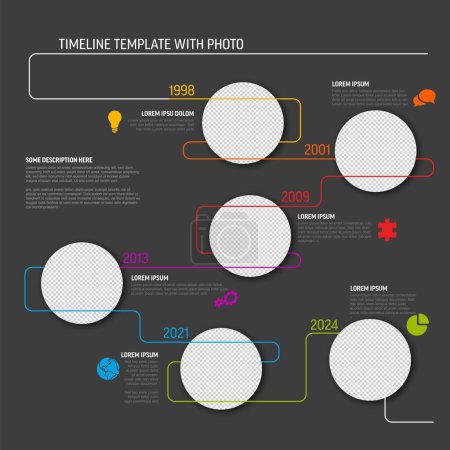Illustration for Vector Infographic Company Milestones Timeline Template with circle photo placeholders on colorful line. Multipurpose time line on dark background with circle photo frames - Royalty Free Image