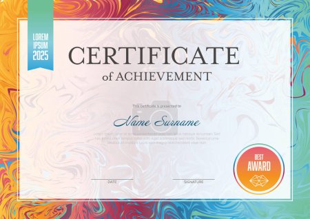 Illustration for A modern certificate of achievement with colorful swirl designs and clear placeholders for personalization. Fresh Certificate print layout template. - Royalty Free Image