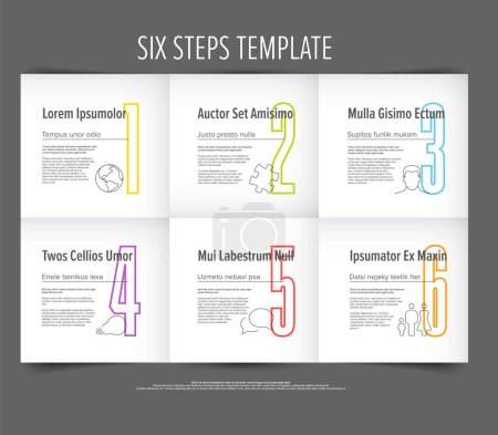 Illustration for Light progress steps template with descriptions icons and big color numbers on white folded paper background. Multipurpose progress infochart template - Royalty Free Image