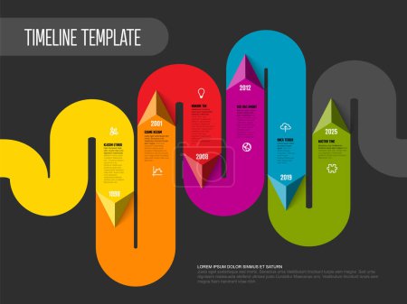 Illustration for Vector Dark Infographic timeline report template made from thick color line with pyramid triangle arrow showing the direction, icons and simple content. Timeline template with arrows, icons and short descriptions - Royalty Free Image
