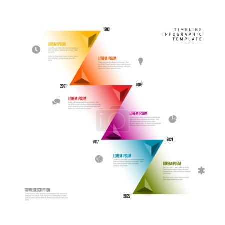 Illustration for Simple light multipurpose diagonal infographic timeline template with triangle arrows and six milestones with icons and descriptions. Modern time line template - Royalty Free Image