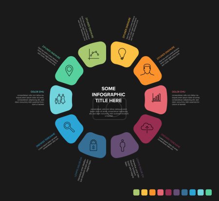Zehn Regenbogenfarbenblockelemente im Kreis-Design Mehrzweck-Zyklus Infografik-Vorlage auf dunkelgrauem Hintergrund mit Beschreibungen und großem Titel. Original-Vorlage für die Infografik
