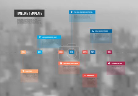 Illustration for Simple light horizontal timeline template with red and blue year blocks big titles icons short description and photo in the background. Multipurpose infochart time line template - Royalty Free Image