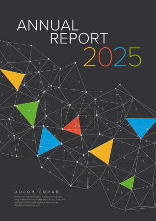 Abstraktes Jahresberichtcover für das letzte Jahr mit bunten geometrischen Formen und einem abstrakten Netzwerkhintergrund auf dunkelgrauem Hintergrund. Gestaltung der Broschüre auf der Titelseite