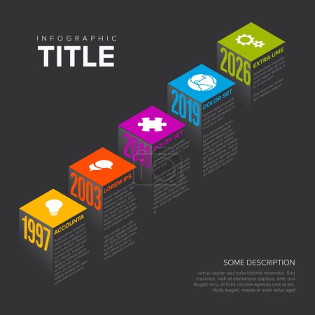 Illustration for Vector Infographic steps diagram template for workflow, business schema or procedure diagram - dark  version with icons and isometry texts. Progress steps with titles descriptions and icons - Royalty Free Image