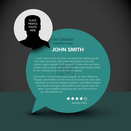 Illustration for Simple dark and teal minimalistic client user customer testimonial review card layout template with photo placeholder and sample, message in teal circle speech bubble - Royalty Free Image