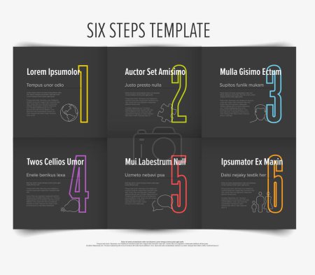 Illustration for Dark progress steps template with descriptions icons and big color numbers on gray folded paper background. Multipurpose progress infochart template - Royalty Free Image