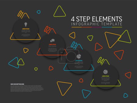 Illustration for Vector dark diagonal Infographic template with gray circle step cards, icons and descriptions. Simple minimalistic multipurpose infochart template with four step elements and color border triangle arrow  line - Royalty Free Image