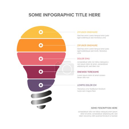 Illustration for Idea infographic template - light bulb icon made from red stripes with some content, description and five elements with icons all on light background - Royalty Free Image