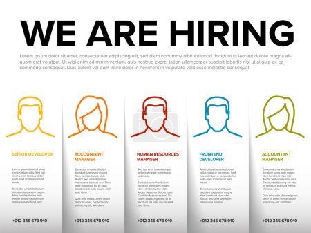 Illustration for We are hiring minimalistic light flyer template with paper stripes with position names - looking for new members of our team hiring a new member colleages to our company organization team - Royalty Free Image