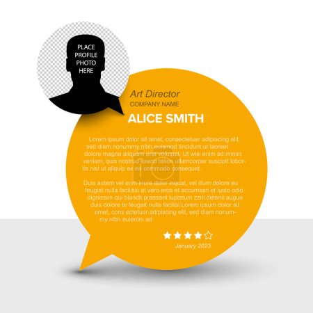 Simple luz y amarillo minimalista cliente cliente testimonio revisión tarjeta plantilla de diseño con foto marcador de posición y muestra, mensaje en el círculo naranja burbuja de voz