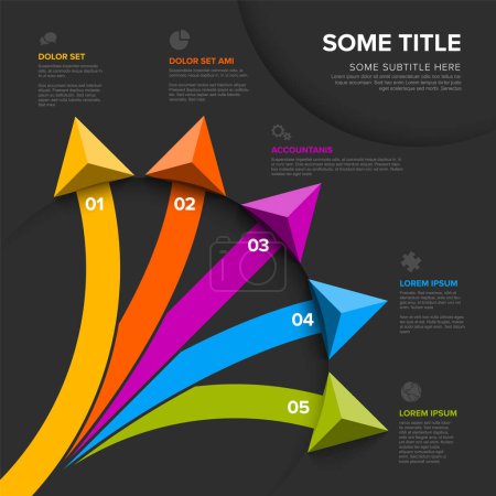 Vector dark diagonal multipurpose Infographic template with title and five elements options with big color arrows. Multipurpose Infochart with modern colors lines icons and arrows pointing on various  directions 