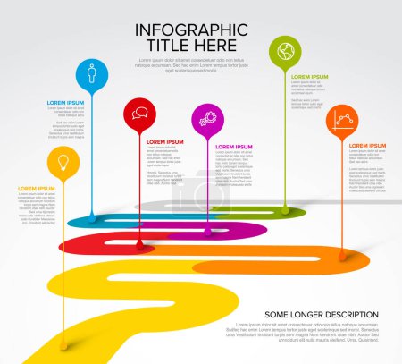 Illustration for Colorful vector infographic timeline report template with six circle droplet bubbles pins on simple curved road timeline - light version with six pins title and infographic description - Royalty Free Image