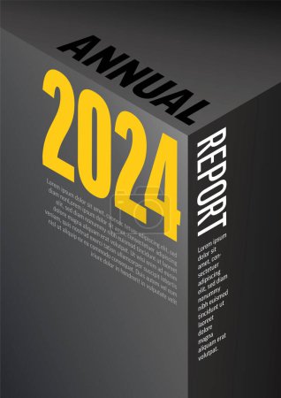 Illustration for Vector abstract annual report cover template with sample text on isometry prism  shape - simple dark minimalistic layout with yellow text on dark gray cover - Royalty Free Image