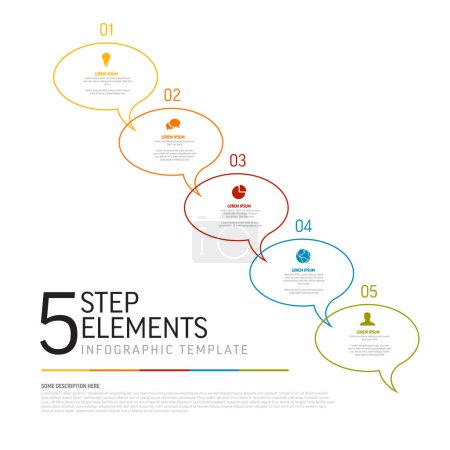 Illustration for Progress process diagonal schema diagram infographic template made of five round thin line speech bubbles with short title description and icon. - Royalty Free Image