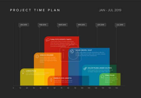 Project time line gantt schema template with big color block for each process on timeline. Diagram for project management planning with sample texts and icons