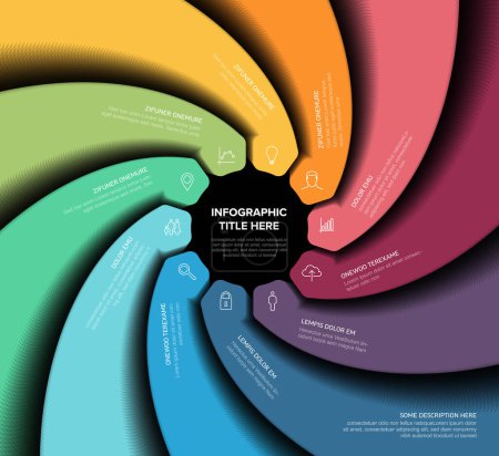 Illustration for Ten rainbow color block elements in circle spiral design multipurpose cycle Infographic template. Color raiinbow spiral background with ten elements original dark infographic template - Royalty Free Image