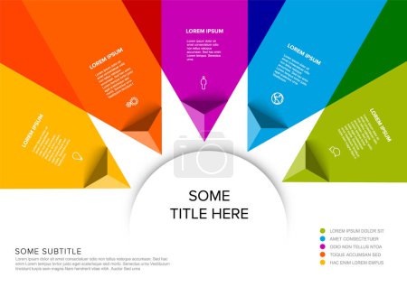 Illustration for Vector multipurpose Infographic template made from title in big circle and five color pyramid arrow items with icons titles and descriptions. Multipurpose infochart template - Royalty Free Image