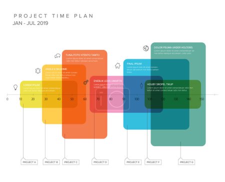 Illustration for Vector project timeline graph - gantt progress chart with highlighet project tasks with icons in time color transparent block intervals descriptions and titles - Royalty Free Image