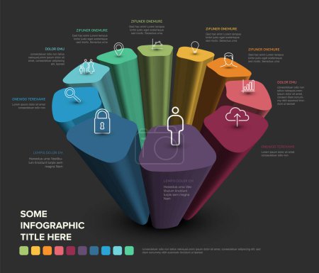 Rainbow abstract shape infographic made of ten simple elements with icons and description. Multipurpose infochart schema diagram template on a dark background