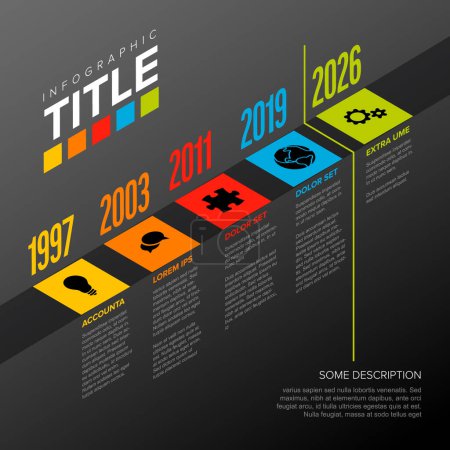 Illustration for Vector Infographic time line template with icons and big years  on the edge - dark version with icons and isometry texts. Milestones with titles descriptions and icons - Royalty Free Image