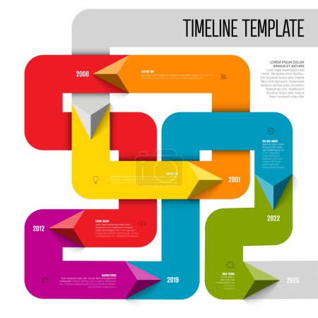 Colorida plantilla de línea de tiempo de enredo infográfico simple con flechas de triángulo en líneas de color gruesas, iconos, descripciones cortas y números de año. Cronología de la infografía