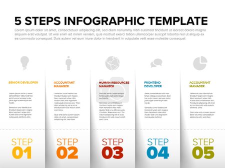 Illustration for Vector Five simple slips of paper as steps progress template with descriptions and icons. Diagonal set od folded papers as four steps of procedure - Royalty Free Image