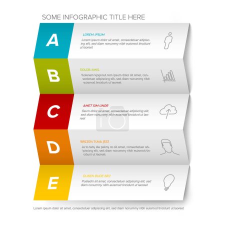 Illustration for Five vector block steps options items template with descriptions, big letters on white horizontal folded paper. Five fresh color horizontal folded paper stripe steps in sequence with tasks descriptions, icons and shadows - Royalty Free Image