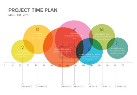 Vector project timeline graph - gantt progress chart with highlighet circle shape project tasks with icons in time color transparent block intervals descriptions and titles