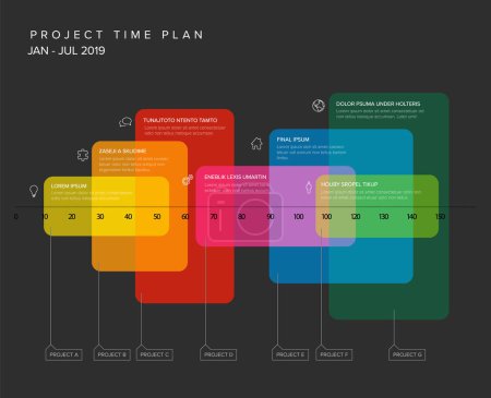 Vector project timeline graph - gantt progress chart with highlighet project tasks with icons in time color transparent block intervals descriptions and titles on dark background