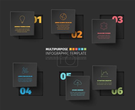 Illustration for Vector squares progress steps template with descriptions and icons with color numbers in the dark gray background. Six buttons with holes. - Royalty Free Image