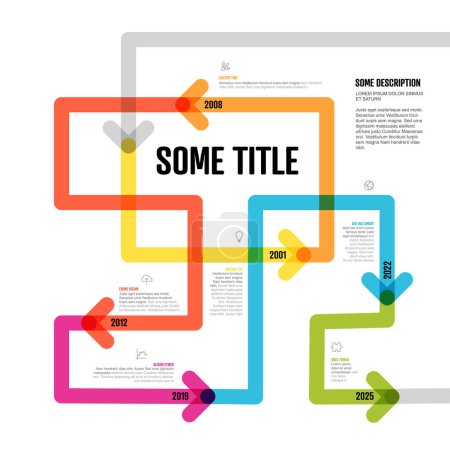 Illustration for Colorful simple infochart tangle timeline template with arrows on thin color line, icons, short descriptions and year numbers. Infographic timeline - Royalty Free Image