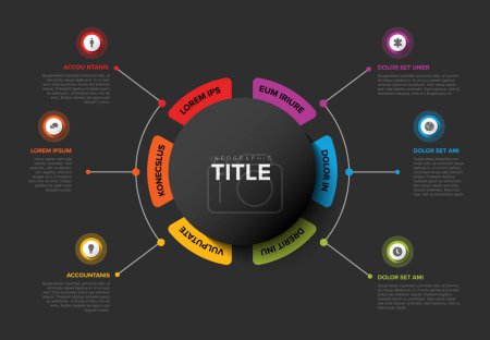Simple Colorful Circular Infographic Design Template with six element and big circle with title in the middle on the dark background. Modern multipurpose infochart template