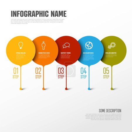 Illustration for Colorful vector infographic report template with big droplet bubbles pins as steps of the process - light version with five pins and numbers on horizontal line - Royalty Free Image