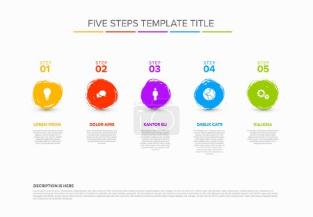 Illustration for Vector multipurpose simple light progress timeline steps template with descriptions, icons and circles made by color brush - universal artistic infochart layout - Royalty Free Image