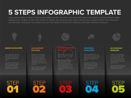 Illustration for Vector Five simple slips of paper as steps progress template with descriptions and icons. Dark gray paper strips with step descriptions numbers and icons - Royalty Free Image